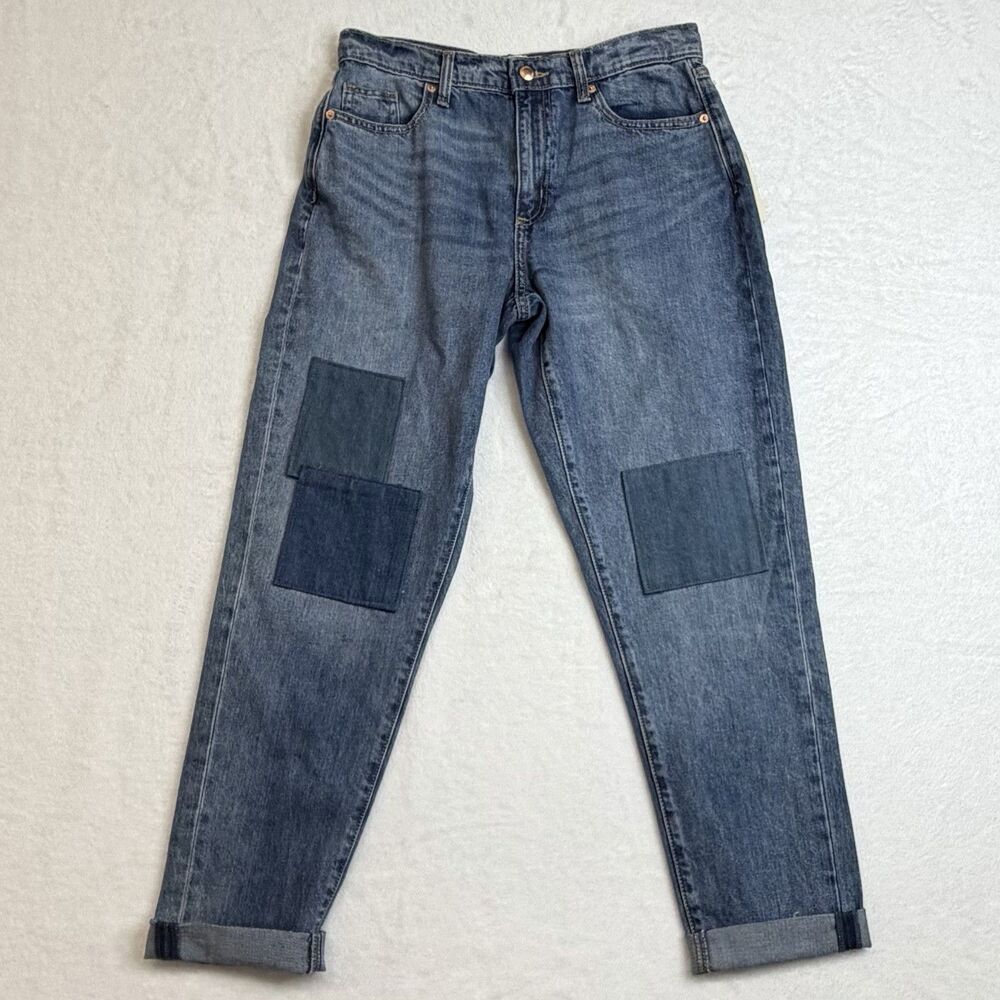Universal Thread High Rise Tapered Leg Patch Accents Boyfriend Jeans Size 0 New